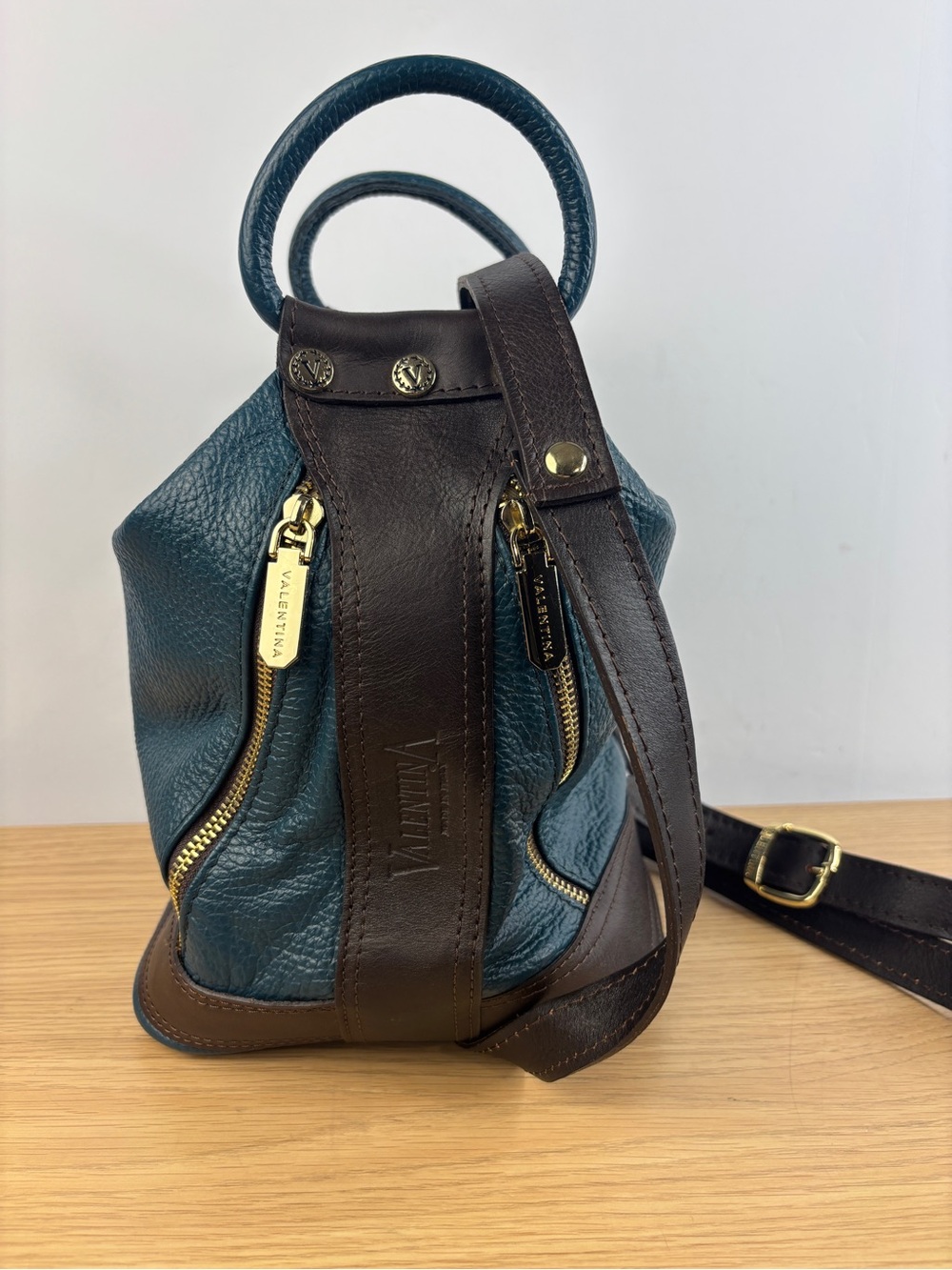 Vintage Valentina Convertible Italian Teal/Brown Leather Sling Bag
